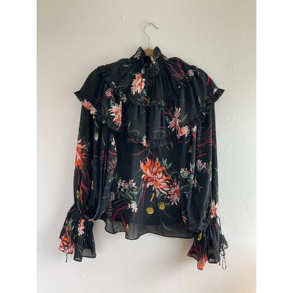 H&M Floral Ruffle Chiffon Blouse Black Sheer  Romantic Boho Top Size S - Picture 2 of 7